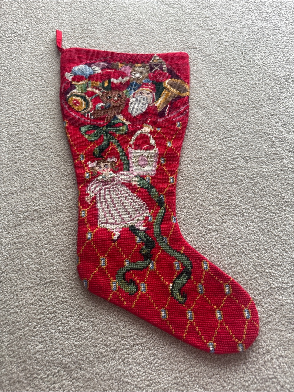 Vintage Red Christmas Needlepoint Stocking with Holiday Motifs